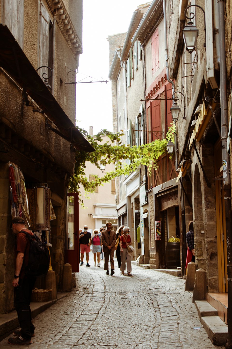Diverse group strolls down a sunny cobblestone street in an old town.